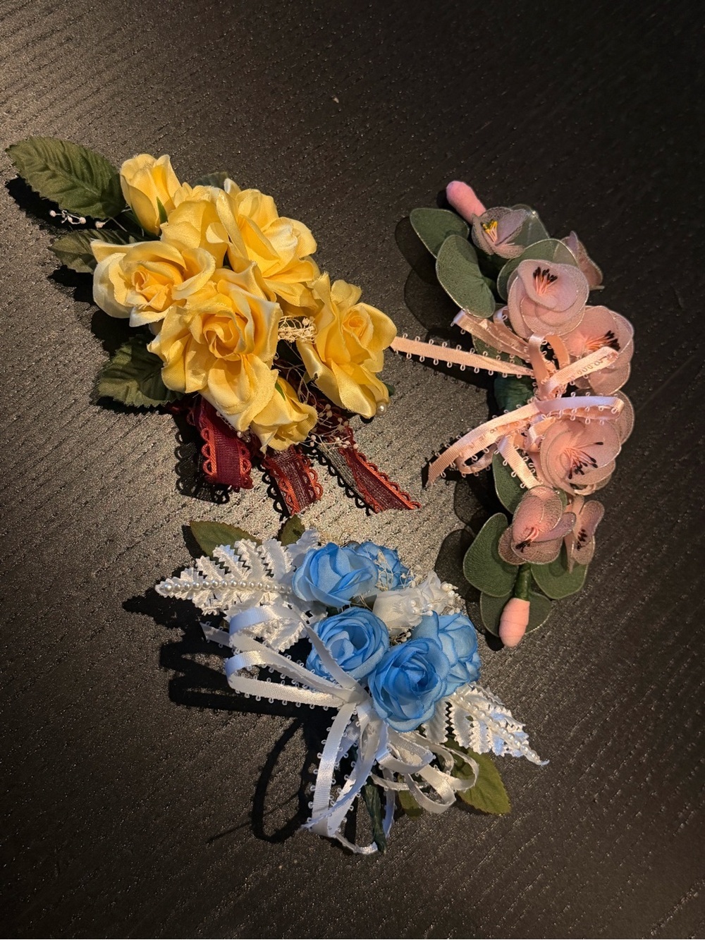 Set of 3 Vintage Decorative boutonniere /Floral Hair Clips - Yellow, Pink, Blue-